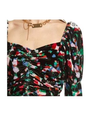 Open Edit Ruched Velvet Floral Sweetheart Puff Sleeve Top Medium Black Stretch M